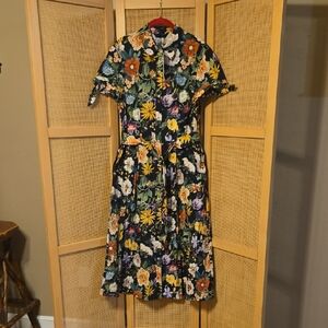Zara Multicolor Floral Midi Dress Medium Button Down Belted Womens NWT Cotton